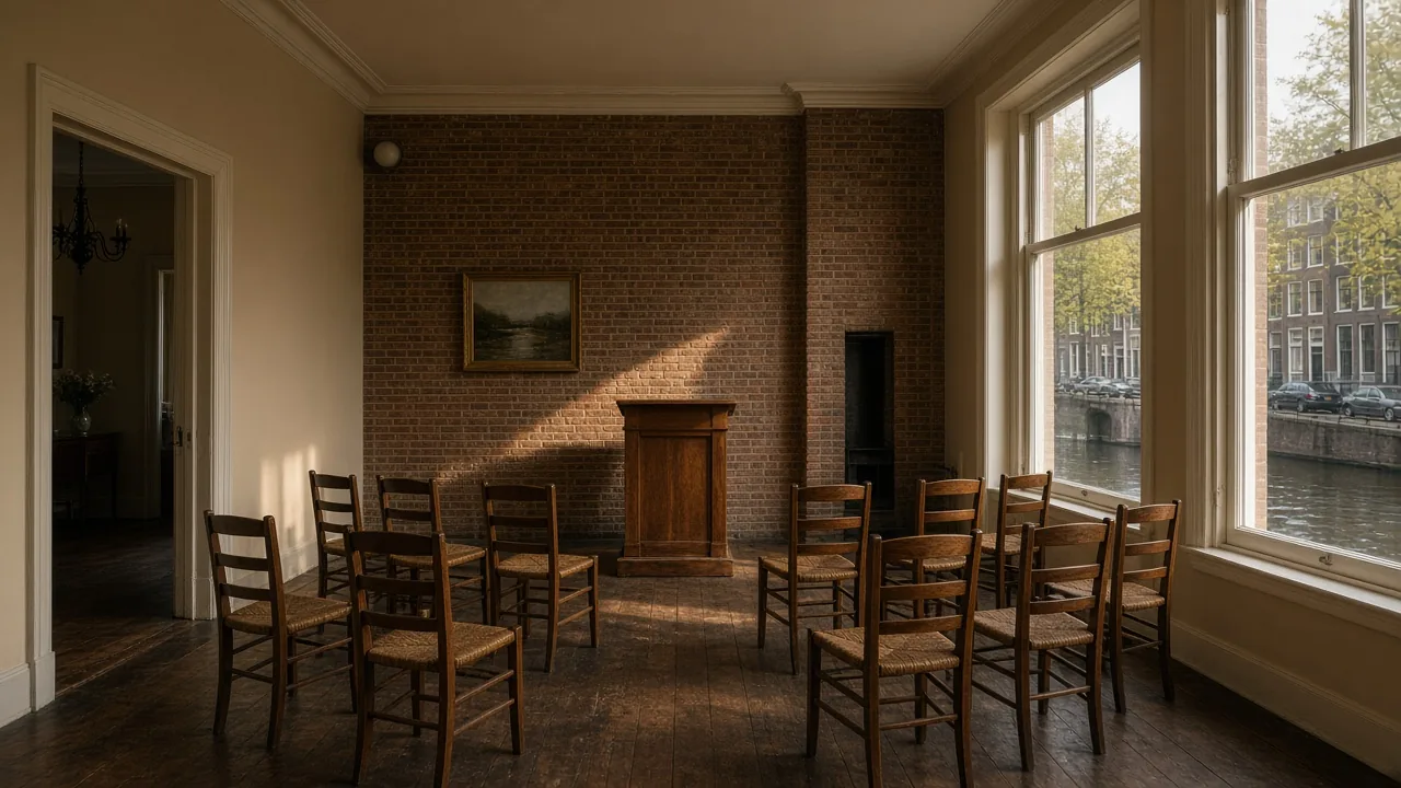 Leeg academielokaal met halve cirkel stoelen en podium in een Amsterdams grachtenpand