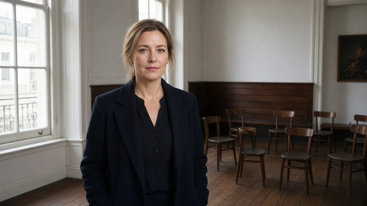 Fleur Bakker, sprekerstrainer, staat in een Amsterdams grachtenpandacademie met houten vloer en stoelen