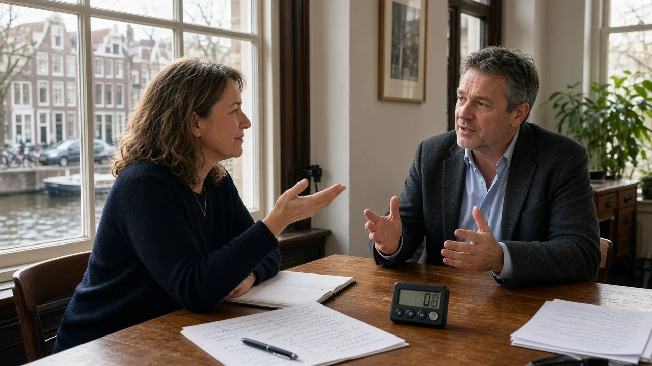 Intakegesprek in de Amsterdamse spreekacademie met notitieboek, timer en speechtekst op tafel