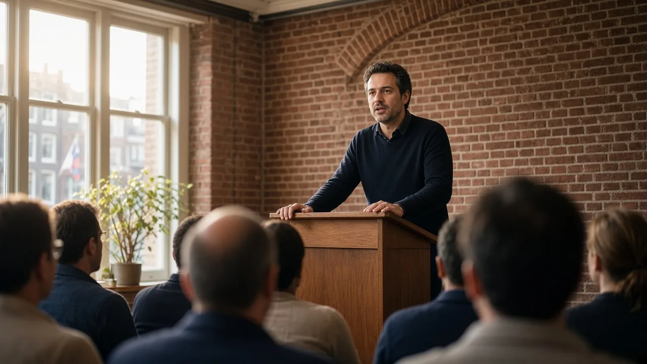 Spreker achter een houten lessenaar tijdens een korte krachtige speech in een Amsterdamse vergaderzaal