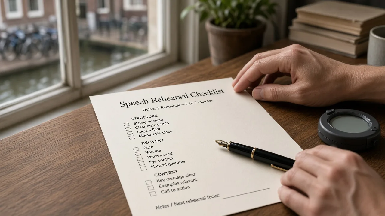 Handen controleren een gedrukte speech-checklijst naast een vulpen en timer in een Amsterdams grachtenkantoor