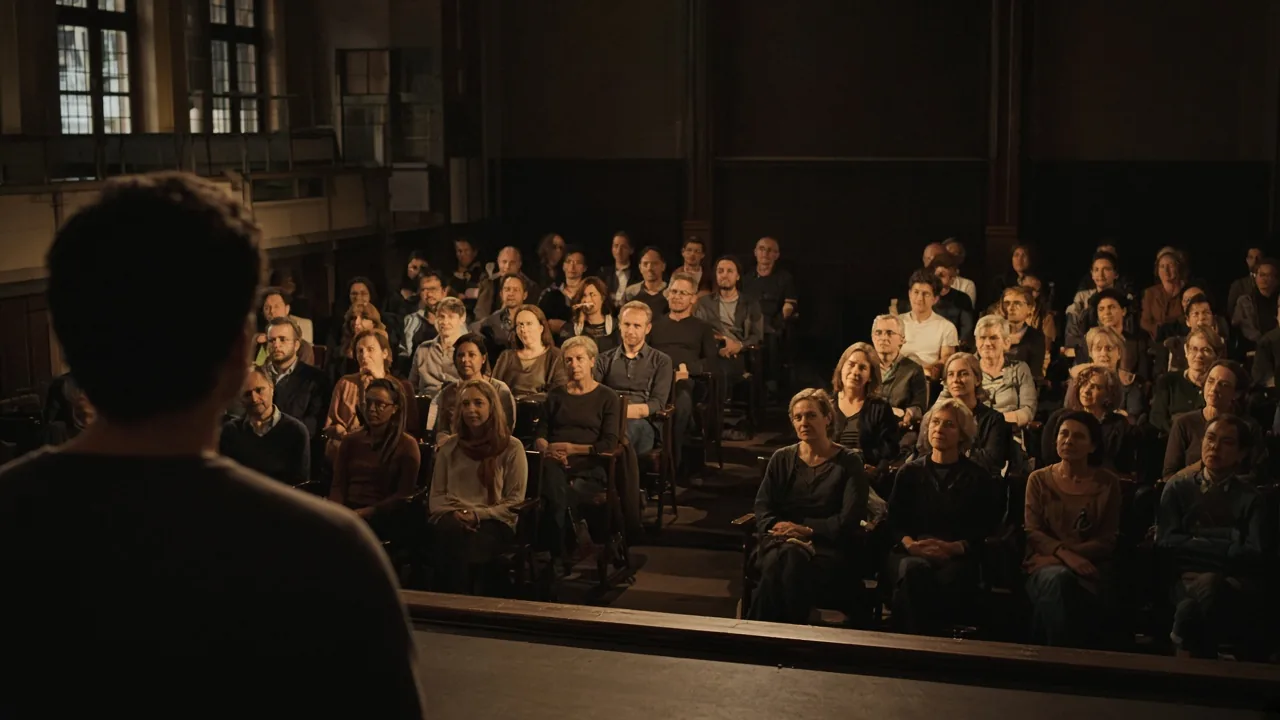 Publiek luistert aandachtig naar een TED-stijl talk in een klein Amsterdams theater met warm podiumlicht