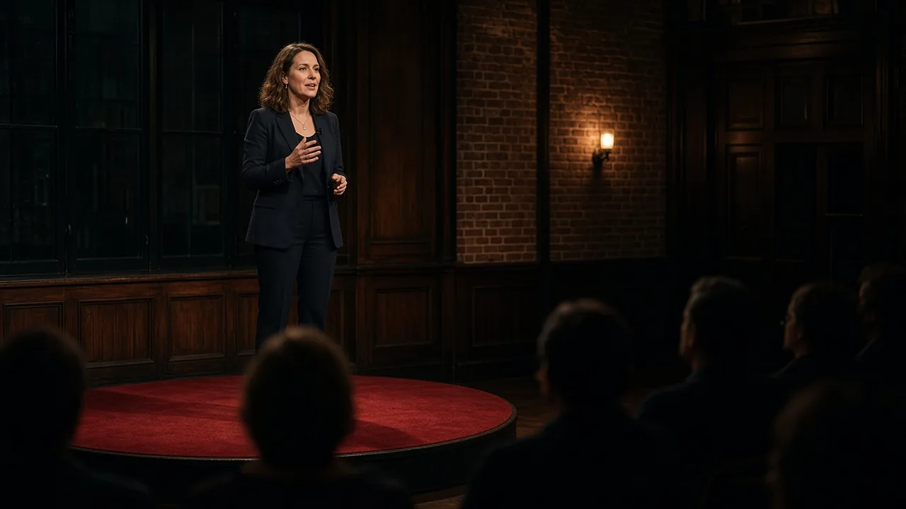 Spreker op een klein rood podium tijdens een TED-stijl presentatie in een Amsterdams grachtenpandtheater